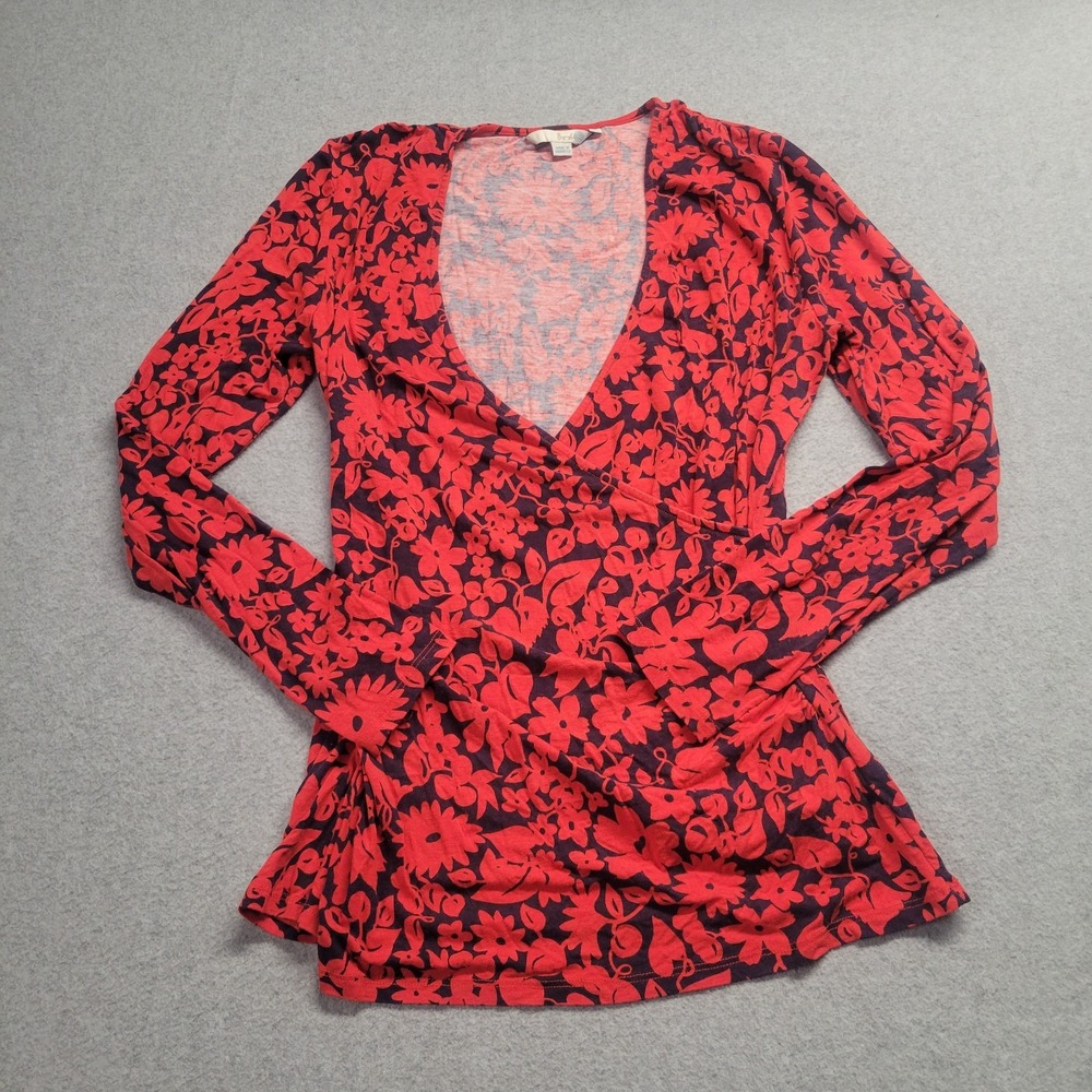 Boden Red‎ Navy Blue Floral Wrap Top Long Sleeve Jersey V-Neck Size US 14